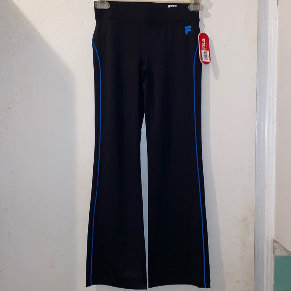 Girls yoga style pants. Black with blue stripe.